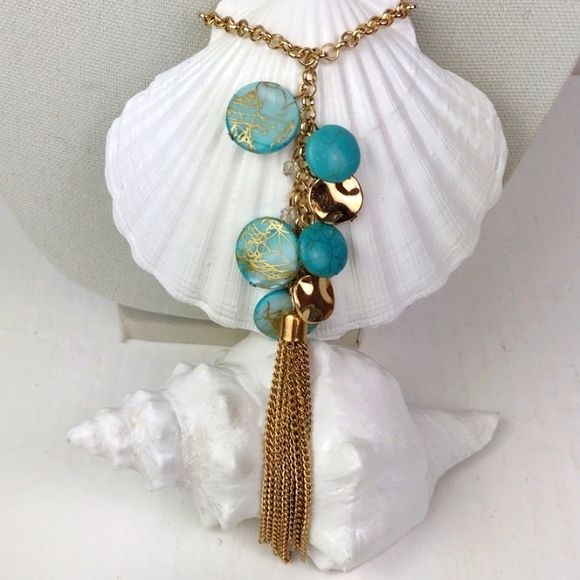 Gold & Marbled Turquoise Like Stone Fringed Beachy Vibe Lariat Bolo Necklace - Picture 8 of 12